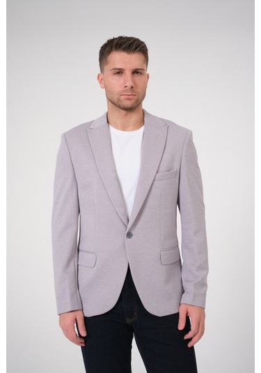 Bonesti Erkek Slim Fit Blazer Ceket Gri Gri Beyaz Noktalı