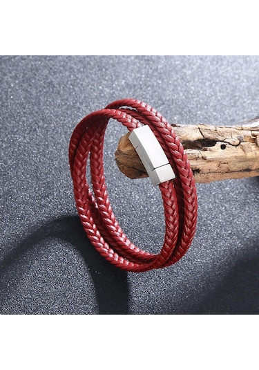 Basit Erkek Bilekliği Çok Katmanlı Deri Bileklikler Charm Metal Tokalı Erkek Takıları Hediyeler Kırmızı