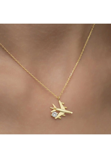 Gümüş Gold Tek Taşlı Uçak Kadın Kolye Sl2044 Gümüş