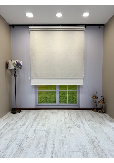 Çift Mekanizmalı Açık Gri Çizgili Desenli Tül Ve Beyaz Mat Stor Perde Gri