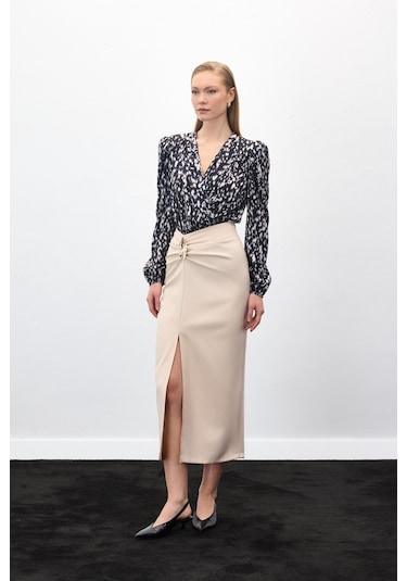 Sateen Gold Yan Aksesuarlı Etek - Bej-136885 Bej