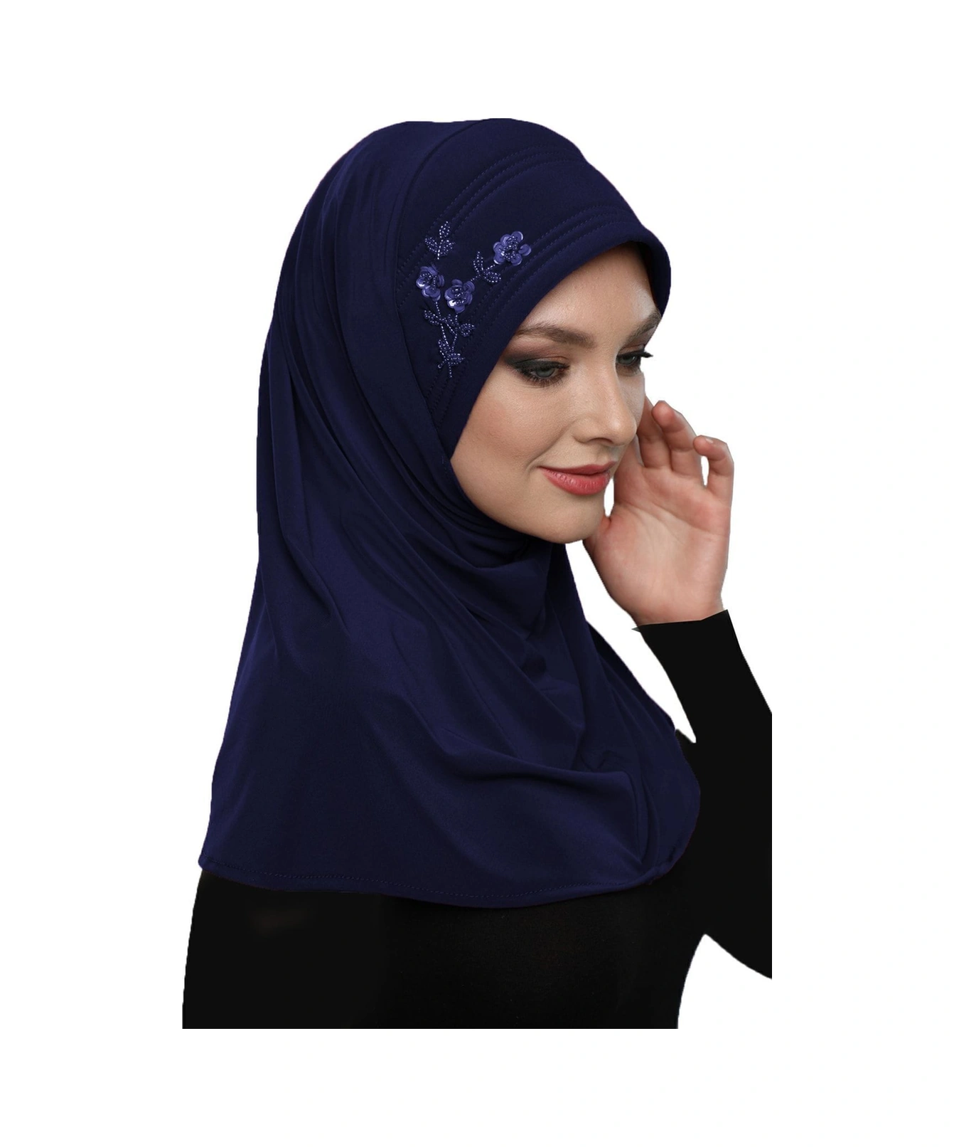 Takmatik Taşlı El Işi Boncuk Işlemeli Lacivert Hazır Türban Tesettür Bone Namaz Örtüsü Lacivert