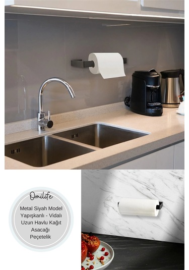 Metal Siyah Model Yapışkanlı Vidalı Uzun Havlu Kağıt Asacağı Peçetelik Diğer