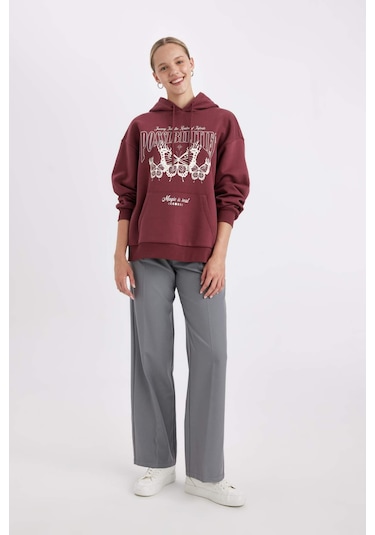 Defacto Oversize Geniş Kalıp Kapüşonlu Baskılı Kalın Sweatshirt C7816ax24wnbr237 Bordo