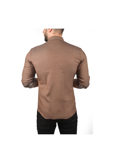 Deepsea Erkek Kahve Dar Kesim Çıt Çıt Düğmeli Pamuklu Kot Gömlek Likralı Spor Gömlek 2300412 Kahve