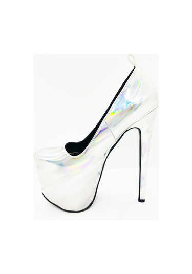 Tanem Gümüş Lame Hologram Platform Ince Yüksek Topuk Kadın Ayakka Gümüş