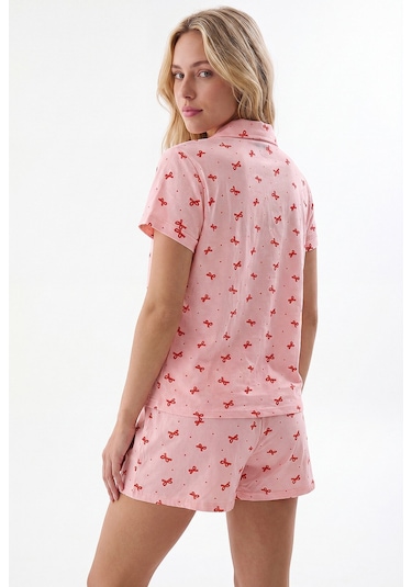 Nbb Kadın Somon Bow Önden Düğmeli Şortlu Pijama Takımı