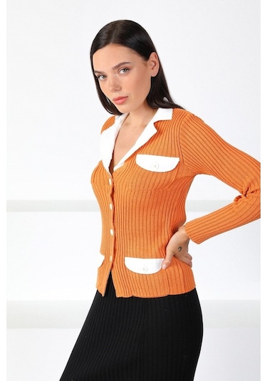 Ferraro Orange Gömlek Yaka Kadın Triko Hırka Turuncu