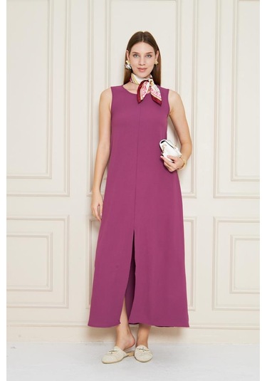 Kadın Sıfır Kol Aerobin Kumaş A Kesim Yırtmaçlı Maxi Yazlık Elbise 3760330 Mor