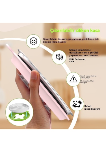 Jianfan Çıkarılabiler Vakumlu Mama Tabağı 304 Çelik Bölmeli Silikon Çocuk Tabağı Hafif Toz Pembe