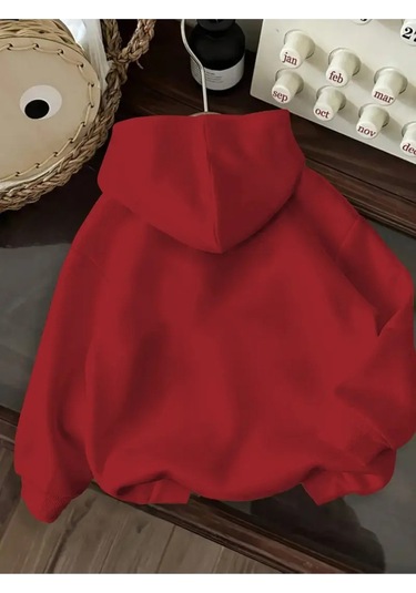 Kışlık Kapüşonlu Sweatshirt, Çocuk Ayıcık Baskılı Kırmızı