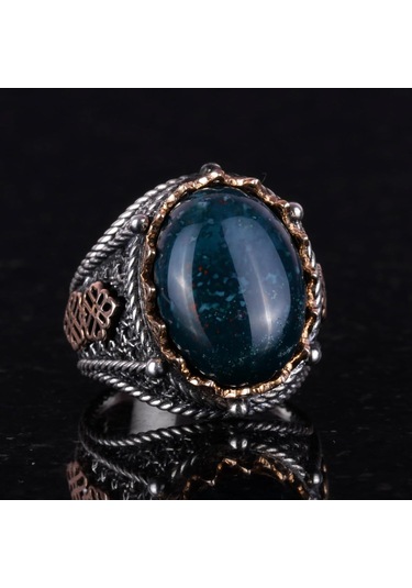 925 Ayar Saf Gümüş Yüzük, Erkekler İçin Gerçek Doğal Taş Yüzük Yeşil Kan Taşı Gümüş