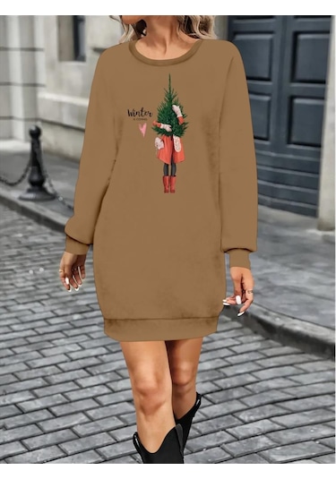 Kadın Uzun Kollu Bisiklet Yaka Desenli Kısa Viskon Iki Iplik Elbise Bej