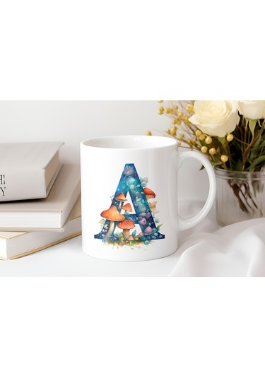 A Baş Harfi Fantastik Mantarlı Kupa Bardak - Kişiye Özel Masalsı Bardak - Hediye Beyaz