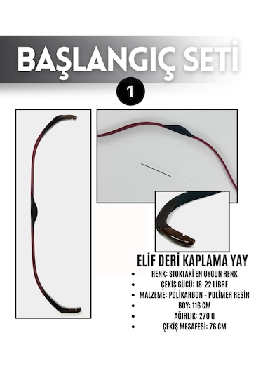 Geleneksel Okçuluk Başlangıç Seti - Elif Yay (Kaplamalı) + 5 Ok + Zihgir + Tirkeş