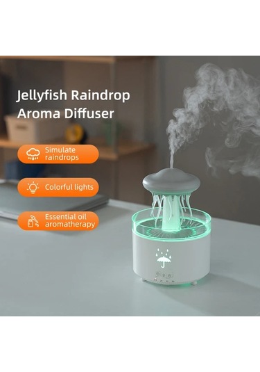 Motion003 Beyaz Denizanası Modeli Yağmur Damlası Aroma Difüzörü 7 Renkli Gece Işığı 3 Hızlı Zamanlayıcı Ev Ofis İçin