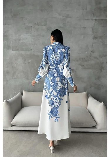 Dipmoda Kadın Kemerli Uzun Desenli Gömlek Elbise Dpms4220 Mavi