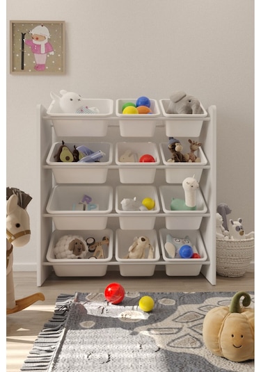 12 Sepetli Çok Amaçlı Oyuncak Dolabı Montessori Dolap Beyaz
