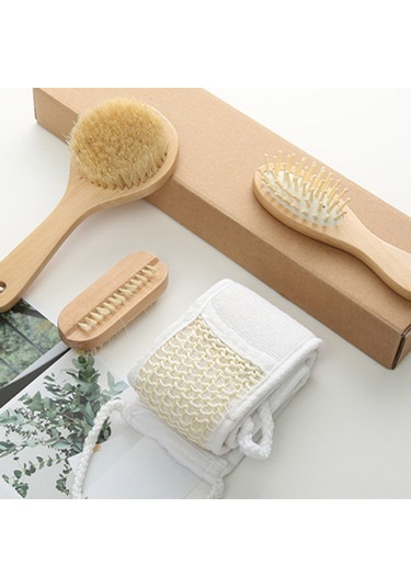 Vkemall Banyo Fırçalama Seti 4 Parça - Saksafras Göğüs Fırçası + Tarak + 2 Adet Temizleme Fırçası