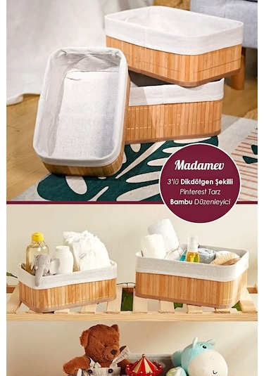 Madamev 3lü Pinterest Stil Bambu Kare Sepet Dekoratif Ev Düzenleyici Organizer Çok Amaçlı Bambu Hası Çok Renkli