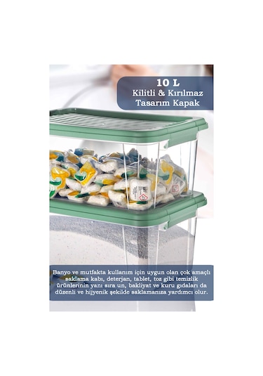 2'li Mega 10l Un Bakliyat Erzak Kabı - Kilitli Kapaklı Banyo Düzenleyici Deterjanlık Saklama Kutusu Yeşil