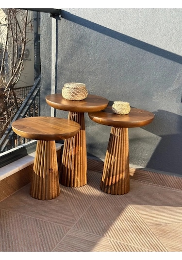 Wood Wooden 3 Lü Set Fitilli Derin Çizgili Mantar Yan Sehpa Moder