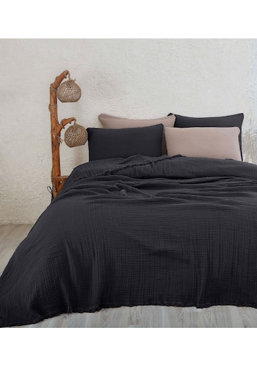 %100 Pamuk Çift Kişilik Müslin Yatak Örtüsü 4 Katlı Yumuşak Battaniye Müslin Pike Takımı 3 Parça Siyah Siyah