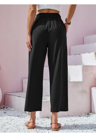 Ge Ticaret Kadın Bel Büzgü Ve Düğme Detay Kapri Keten Pantolon Siyah