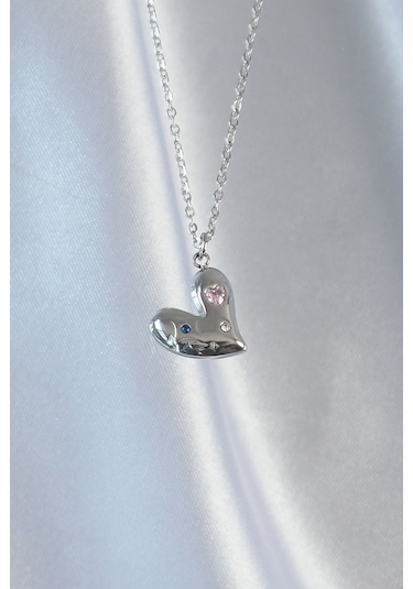 316l Çelik Zincir Gümüş Renk Renkli Zirkon Taşlı Kalp Kolye Altın