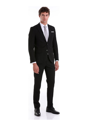 Hatemoğlu Siyah Slim Fit Mono Yaka Desenli Klasik Takım Elbise Siyah