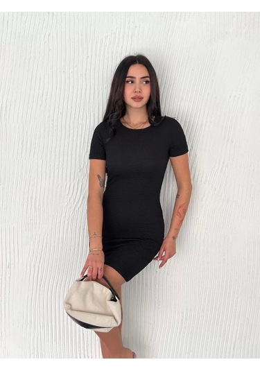 Kadın Bisiklet Yaka Kısa Kol Likralı Elbise - Siyah Siyah