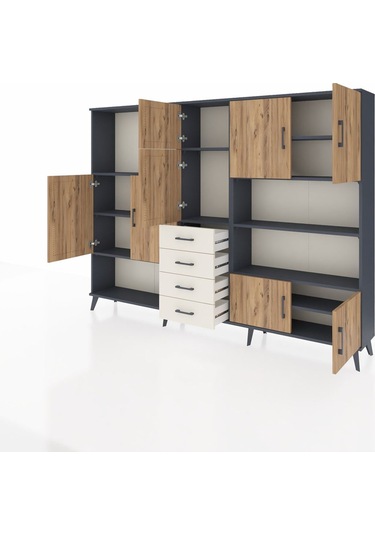 Arges Dolap 9 Raflı 4 Çekmeceli 8 Kapaklı 220x30x163 Antrasit-çam Antrasit-çam/aytaşı