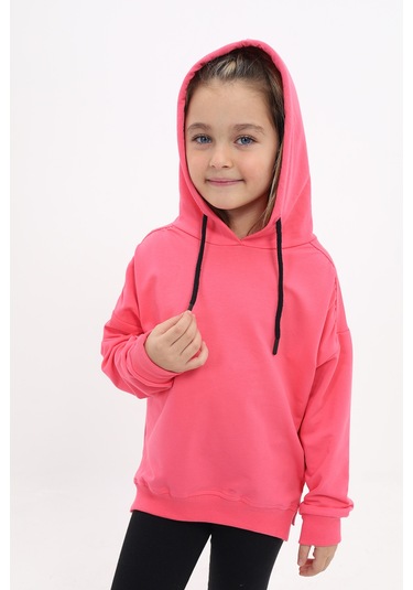 Kız Çocuk Oversize Kapüşonlu Büzgülü Düşük Omuz Nakış Baskılı Yırtmaçlı Sweatshirt - 2 İplik Fuşya