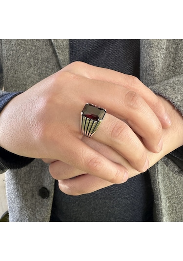 Gümüş Oktagon Kırmızı Zirkon Taşlı Erkek Yüzük Gümüş