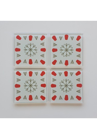 Decorita Cam Bardak Altlığı | Acem Kahveci-Kırmızı | 4'lü Takım Kırmızı