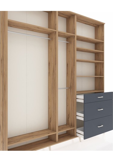 Arges Dolap 9 Raflı 3 Çekmeceli 3 Askılı 220x30x243 Çam-çam/antrasit Atlas Çam/antrasıt