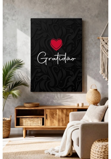 Gratidão Kalp Siyah Desenli Motivasyon Kanvas Tablo