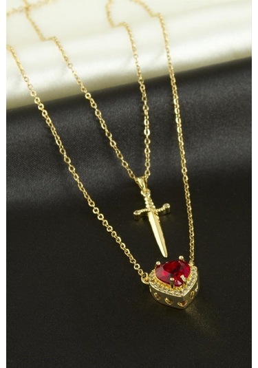 Altın Renk Kırmızı Taş Kalp Çift Kolyesi Çelik Kolye - 3411 Altın