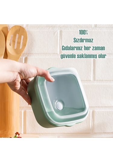 Porsima 5316 Kilitli Sızdırmaz Kapaklı Hava Tahliye Contalı Çok Amaçlı 3lü Kare Erzak Yiyecek Saklama Kabı Seti Yeşil - 500-900-1500ml Yeşil