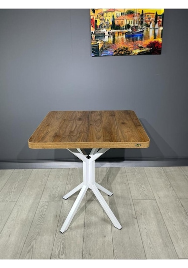 Tepe Ceviz Beyaz Mutfak Yemek Masası Balkon Masası Kavisli Köşe Beyaz Ayak 70 Cm