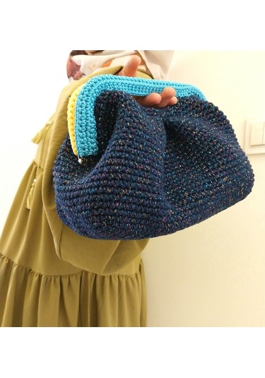 Parlak Tutmalı El Çantaları , El Yapımı Işıltılı Clutch, Örgü El Çantası Lacivert