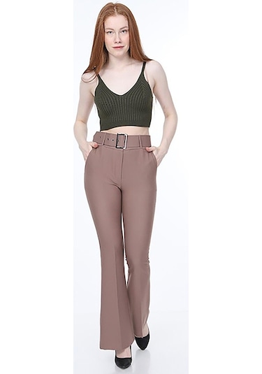 Bluence Beli Kemerli Ispanyol Paça Vizon Kumaş Pantolon Vizon