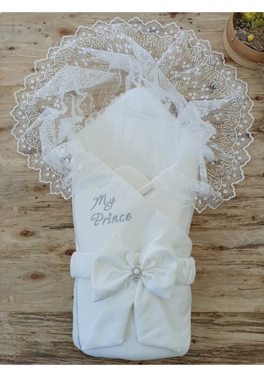 Dantelli Özel Taçlı Bebek Kundağı Unisex Bebek Dış Kundak Battaniyesi Hastane Çıkışı Hediyelik Knd45273 Ekru