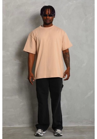 Unisex Oversize Düz Bisiklet Yaka T-shirt - Bej Bej