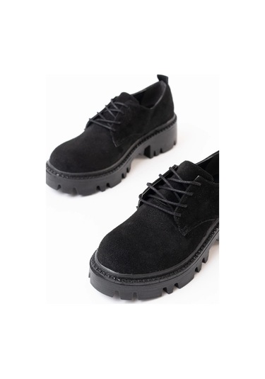 Siyah Süet Bağcıklı Günlük Yüksek Tabanlı Loafer Ayakkabı Siyah