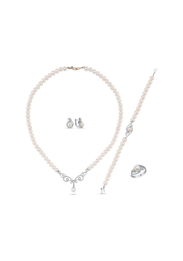 Taşlı Doğal İnci Kolye Bileklik Yüzük Küpe Dörtlü Set - 13