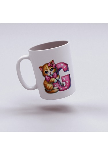 G Harfli Bardak, Sevimli Kedili Pembe Tasarım Bardak, Arkadaşa Aileye Hediye Porselen Beyaz