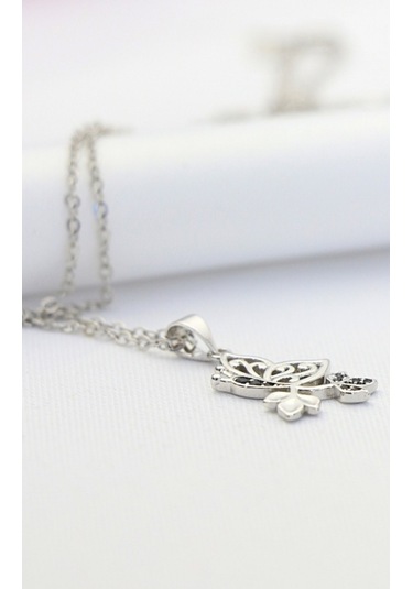 Nano Siyah Taşlı Yapraklı Kelebek Gümüş Kolye-Silver