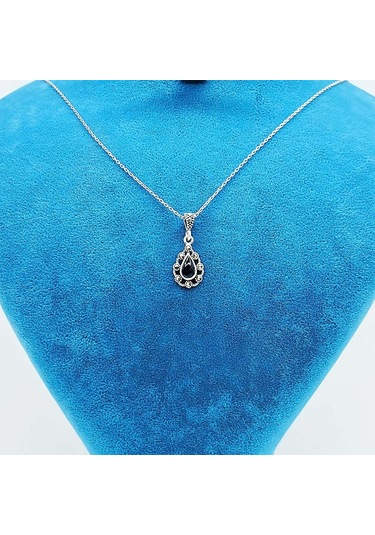 Damla Model Zirkon Ve Oltu Taşı İşçilikli 925 Ayar Gümüş Kolye Gümüş