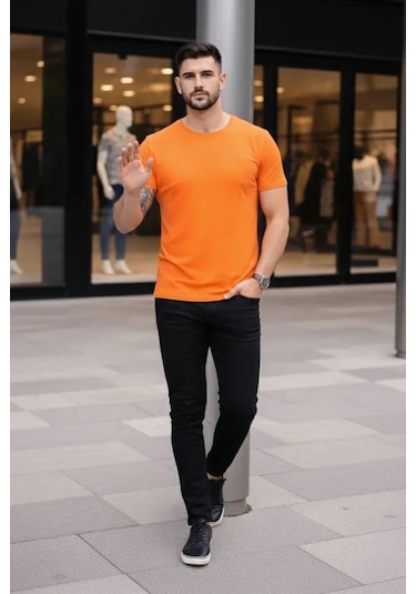 Modi Green Erkek Turuncu Bisiklet Yaka Slim Fit Dar Kesim Likralı Günlük Bas